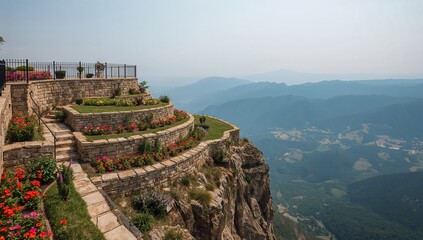 Obraz premium A tiered garden built into a mountainside overlooking a vast valley.