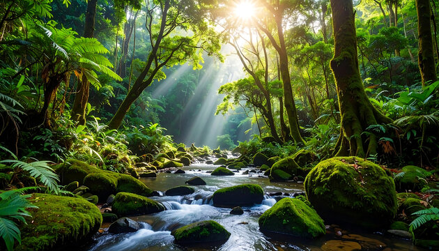 Serene Rainforest Stream: Sunbeams Illuminate Mossy Rocks and Lush Green Canopy, Tranquil Nature Scene.