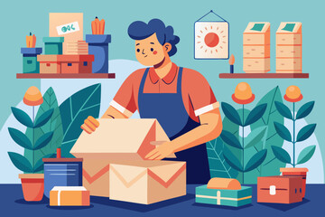 Person Packing Boxes with Plants and Sun.