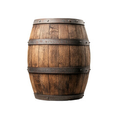 Rustic wooden barrel with metal hoops on black background