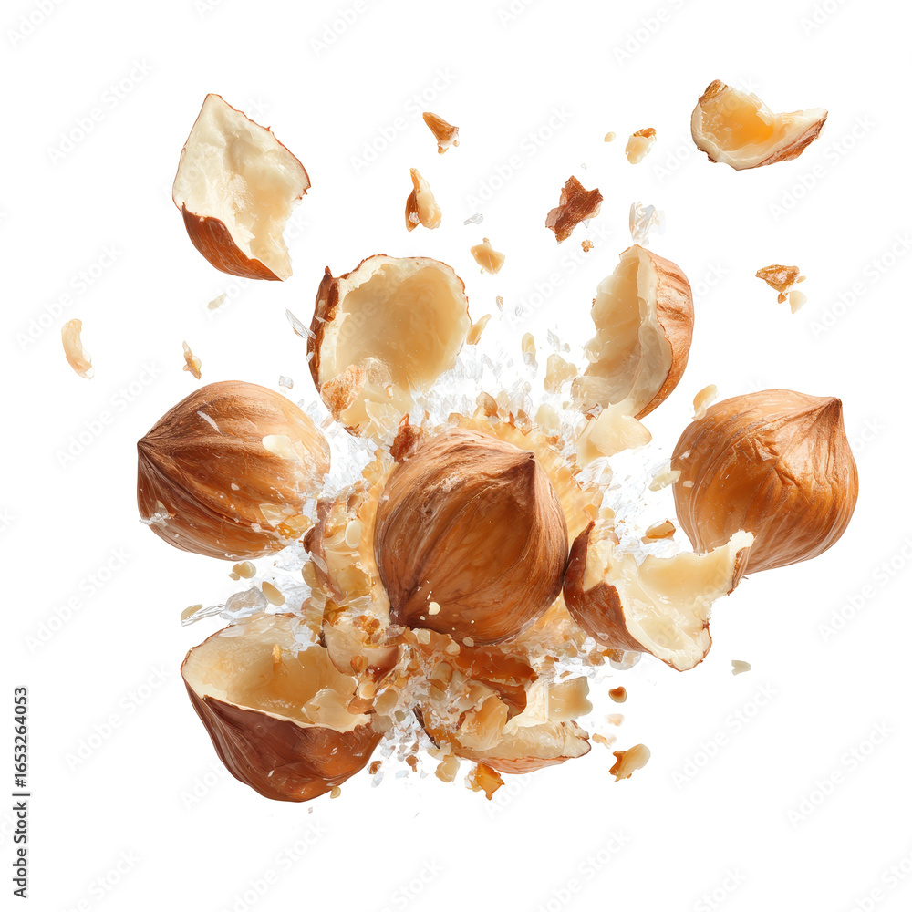Aufkleber hazelnuts cracking open, showcasing their rich inner texture and flavor in a dynamic display of natu