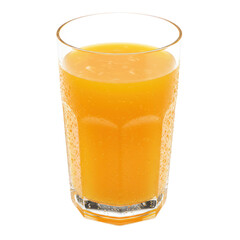 A full glass of vibrant orange juice, glistening with condensation, sits against a dark background.