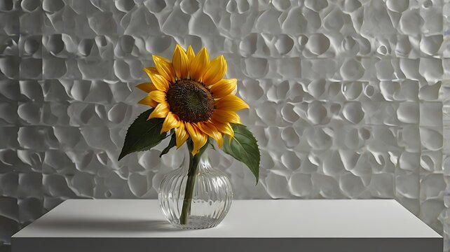 A sunflower in a clear vase on a white surface with a textured white background in a studio setting - Powered by Adobe