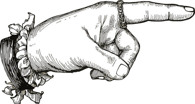 Vector engraving woman hand with pointing finger gesture. Vintage old book style illustration.