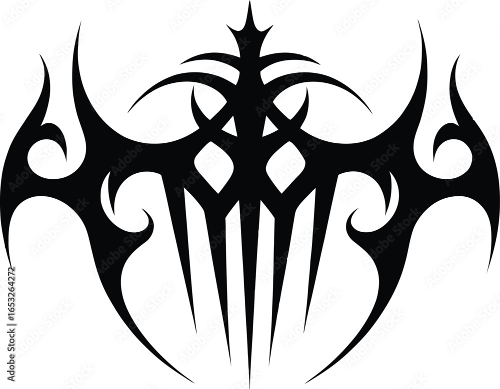 Poster tribal silhouette art featuring intricate patterns and sharp lines displaying a tattoo design with s