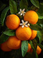 Vibrant cluster of ripe oranges with lush green foliage and delicate white blossoms