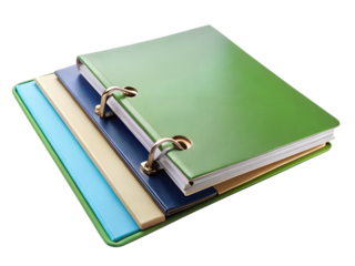 Stack of colorful ring binders and notebooks isolated on transparent background