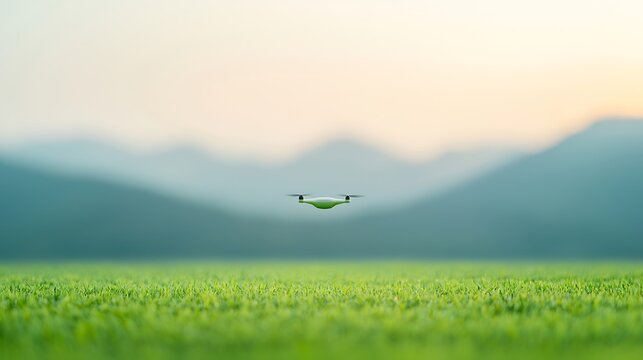Drone flying over lush green field with mountain background