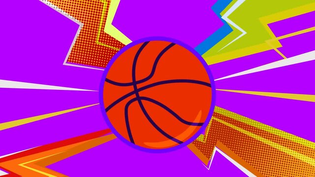 Animation of basketball in middle, purple background, basketball animated 2