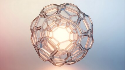 Intricate Glass Polyhedron Structure with a Glowing Core on a Soft Gradient Background