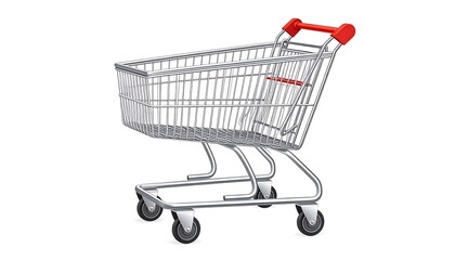 Empty shopping cart, metallic, red handles