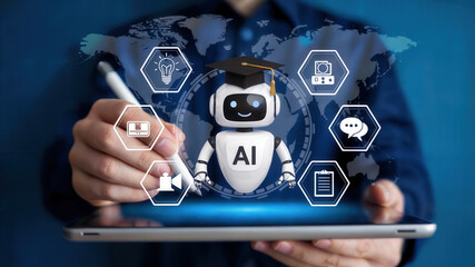 Ingenious AI robot with graduation cap navigates global data streams on tablet, symbolizing education and tech innovation