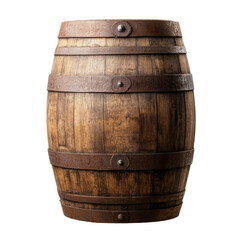 Fototapeta premium Rustic wooden barrel with metal bands on black background