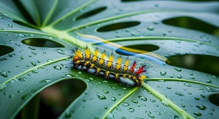 Macro shot of exotic insects crawling on bright tropical leaves