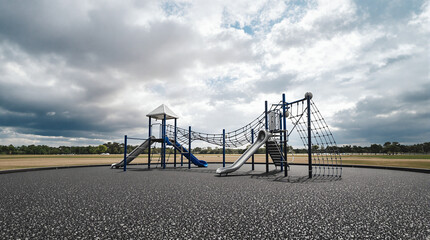 Empty Modern Playground with Slides and Climbing Structure on Safety Surface Under Overcast Sky in a Park