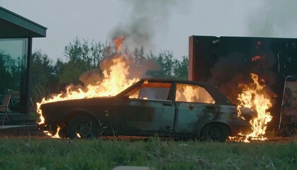Burning car outdoors