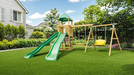 Bright Backyard Playground: Wooden Swing Set, Dual Green Slides & Play Tower on Lush Lawn for Kids' Outdoor Fun