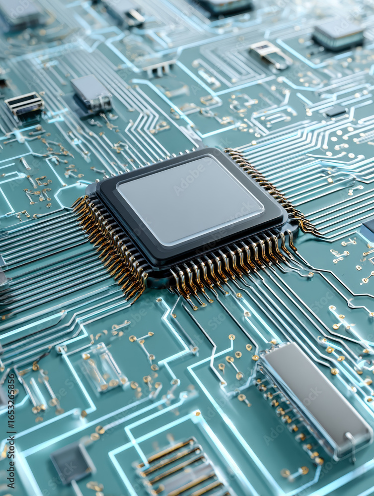 Poster close-up of a computer processor mounted on a motherboard with intricate circuit pathways