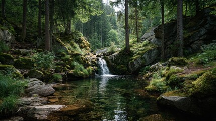 lush green forest with a crystal-clear waterfall cascading between mossy rocks