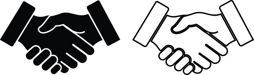 Business handshake icons, agreement partnership symbols, vector deal signs, trust cooperation teamwork illustration, black white design