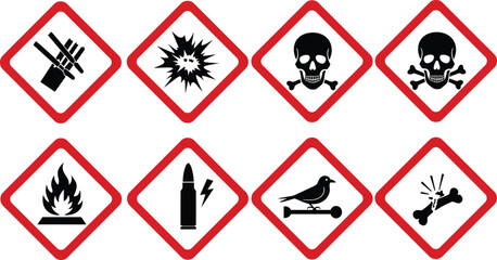 Collection of hazardous material warning safety signs including toxic, explosive, flammable, corrosive, and dangerous chemical symbols