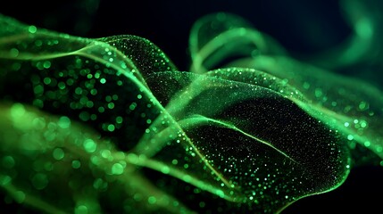 A green and a red particle cloud with a dark background, creating a sense of depth and movement.