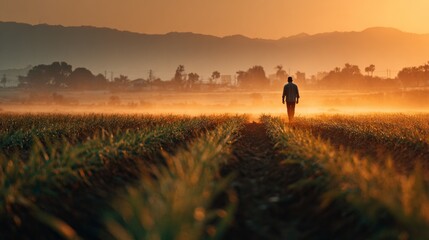 Fototapeta premium wide shot of a young green crop field under golden summer sunlight