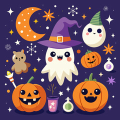 Cute halloween characters and symbols with a crescent moon and stars on a dark background