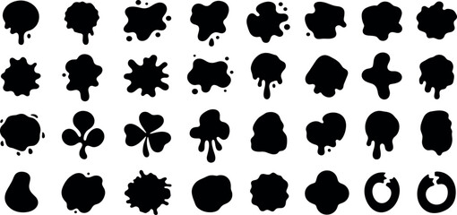 Abstract collection of black ink blots and splashes, featuring diverse liquid shapes, grunge textures, and dripping effects, perfect for graphic design elements and artistic backgrounds.