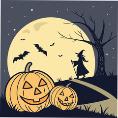 Halloween night scene with a witch pumpkins bats and a large full moon