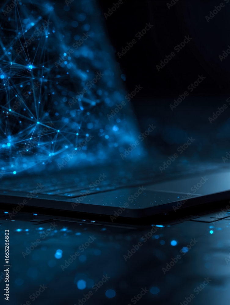 Poster digital network visualization emerging from a laptop screen