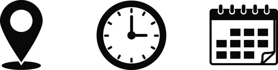 Location pin icon, clock symbol, calendar vector, time management graphic, schedule reminder design, date planning sign