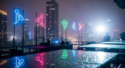 Overlay of connection icons pulsating over a cityscape