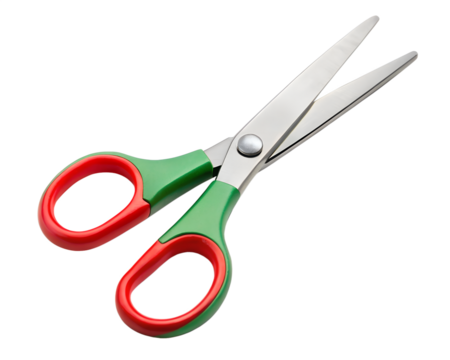 Pair of scissors with green and red handles, isolated on transparent background