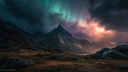 Dramatic mountain vista, vibrant sunset hues, stormy clouds