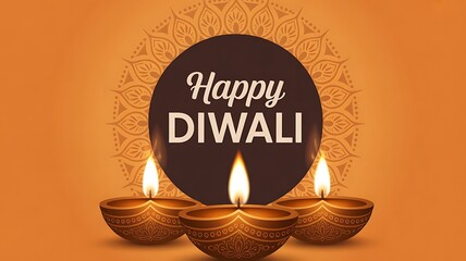 Happy diwali greeting card with diya and mandala design on orange background