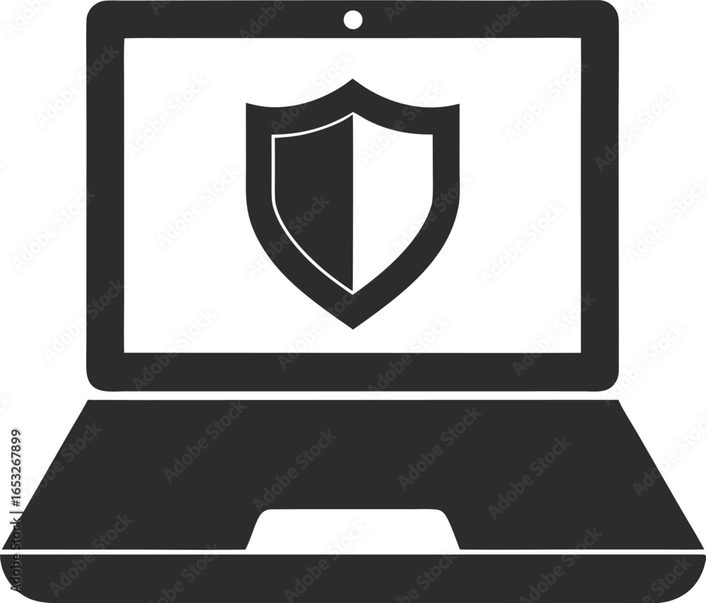 Poster silhouette of a laptop displaying a shield icon on its screen isolated on white vector