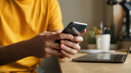 Focused individual engaging with smartphone technology while working at a modern desk, showcasing digital connectivity and productivity in a bright, clean workspace.