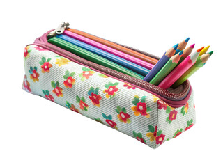 Floral pencil case filled with colorful pencils isolated on transparent background