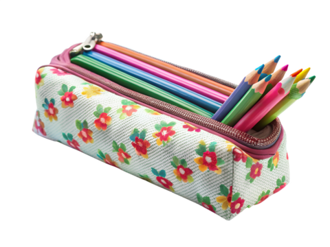 Floral pencil case filled with colorful pencils isolated on transparent background