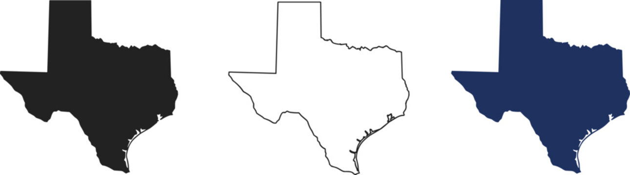 Texas state map silhouette icons collection in black, white, blue outline vector for design and illustration