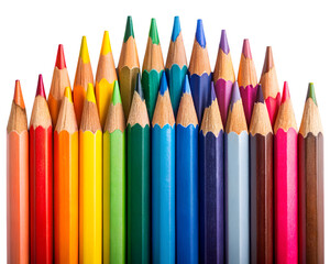 A vibrant collection of colored pencils arranged in a fan shape, isolated on a transparent background