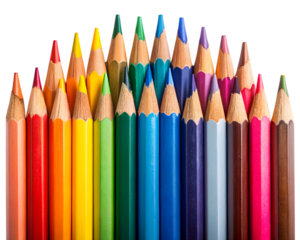 A vibrant collection of colored pencils arranged in a fan shape, isolated on a transparent background
