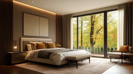 Fototapeta premium Modern bedroom interior with stylish furniture and a warm color palette.