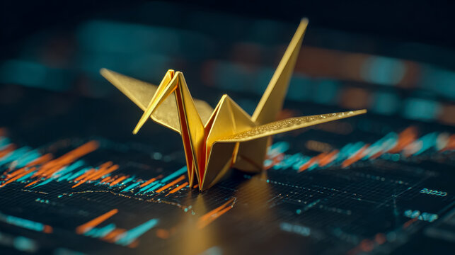 Gold origami crane on digital financial data visualization - Powered by Adobe