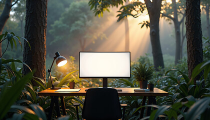 Computer monitor on desk forest