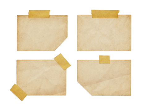 set of old vintage sticky notes with adhesive tape strips on transparent background, reminder, important, memo, isolated, extracted, png file