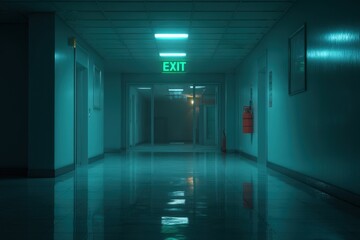 Long, clean hospital hallway with shiny floors, fluorescent ceiling lights, and a bright green exit sign above glass doors at the end.