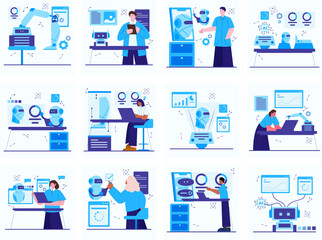Artificial Intelligence concept flat illustration set. Includes of machine, learning, neural, data, automation, innovation, and more. Vector illustration isolated editable.