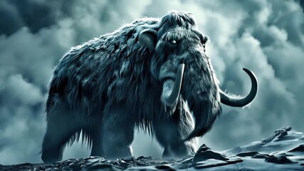 Majestic woolly mammoth in misty prehistoric landscape. Ancient ice age creature with massive tusks in dramatic atmospheric setting.